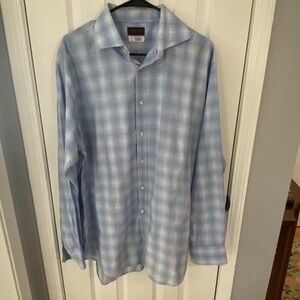 Thomas Dean Button Down Shirt Men XL Blue Plaid Italian Luxury Cotton L/S